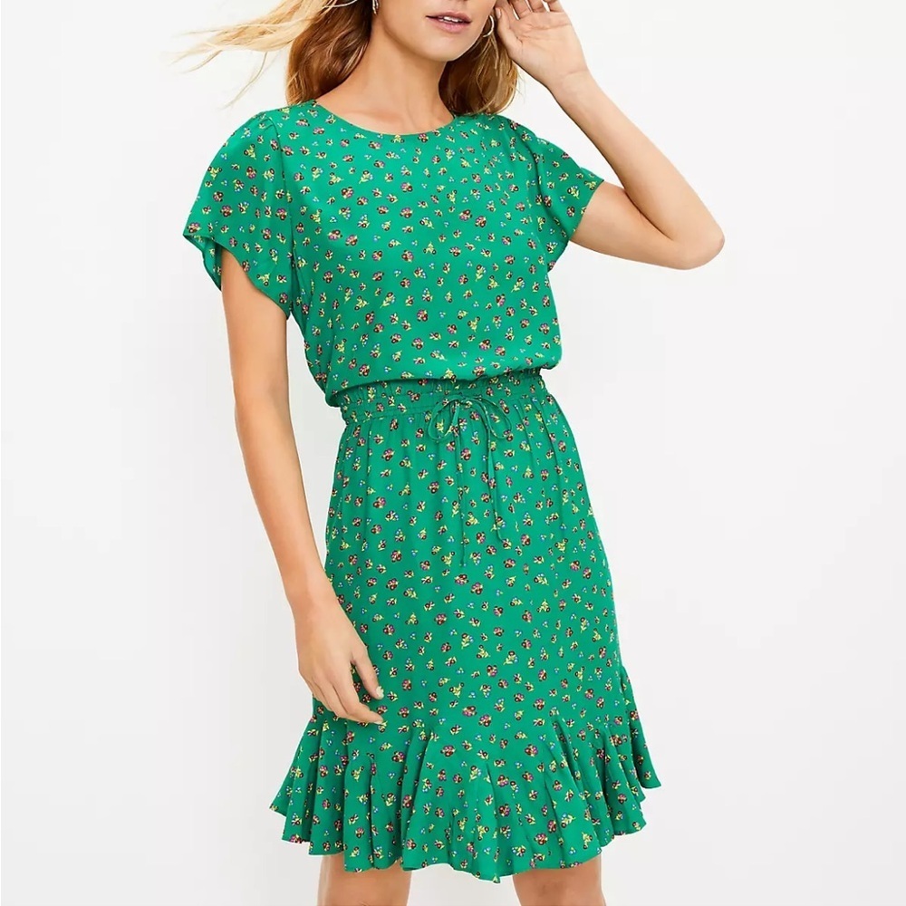 LOFT Floral Godet Drawstring Green Sun Dress Medium